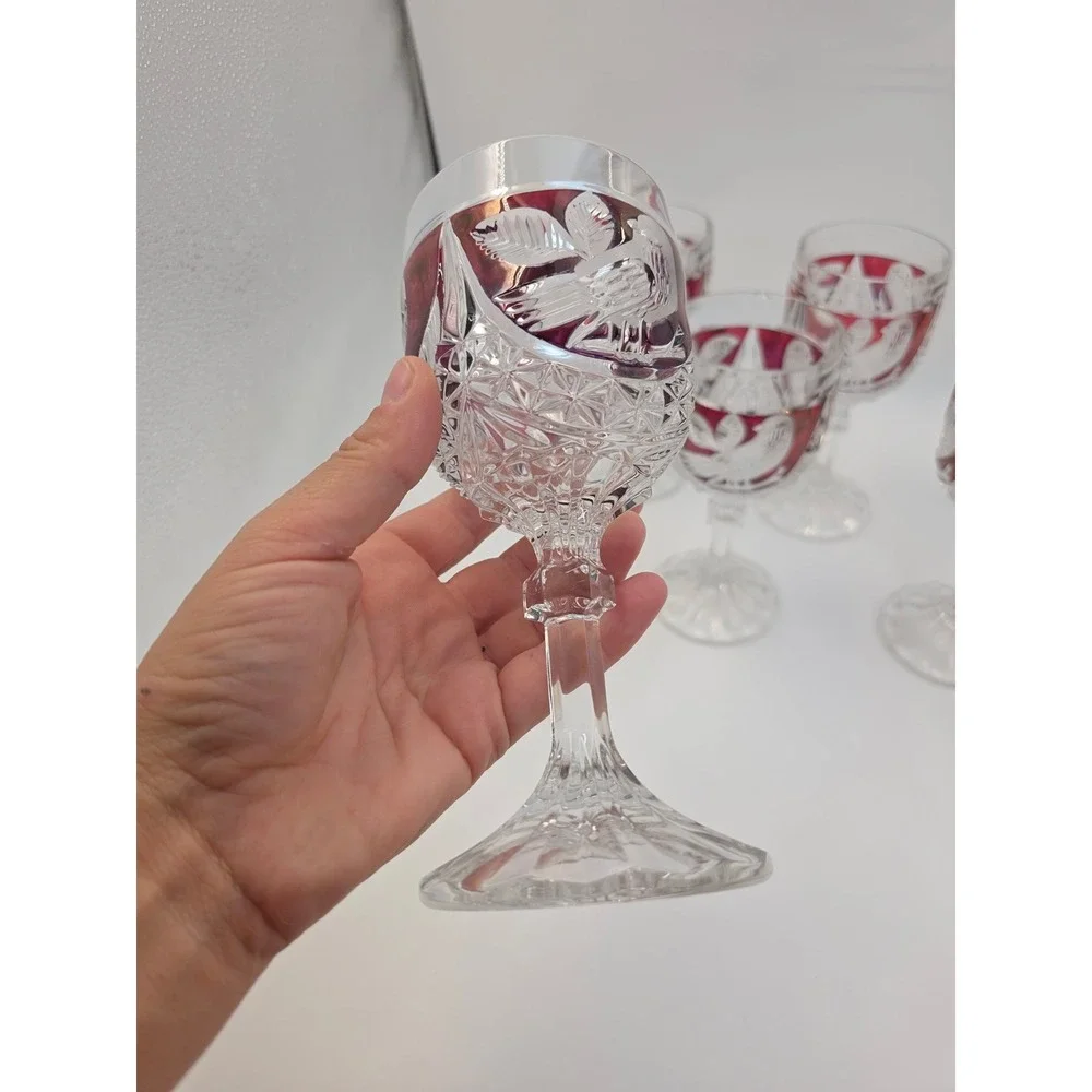 Vintage Bohemian Ruby Red Cut to Clear Crystal Wine Goblets Etched Bird Set of 6